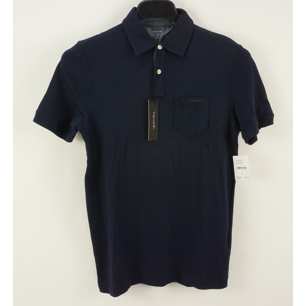 New $59 Tahari Men's Small Navy Blue Short Sleeve Jersey Cotton Polo Shirt